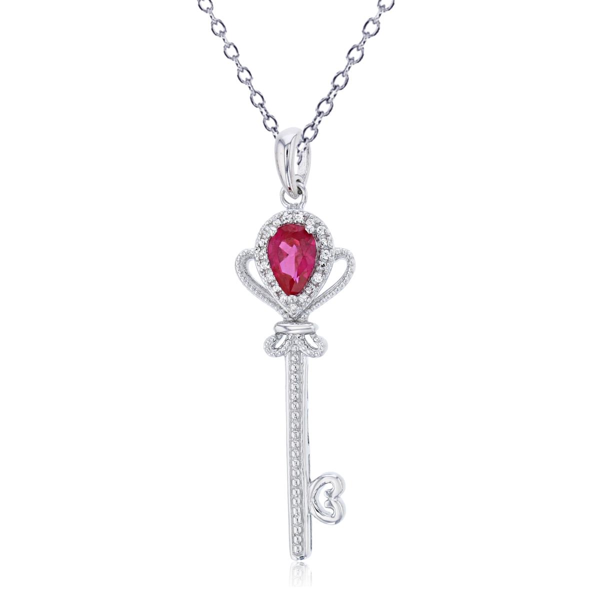 Sterling Silver Rhodium 0.02 CTTW Diamond & Pear Cr Ruby Milgrain Key 18" Necklace