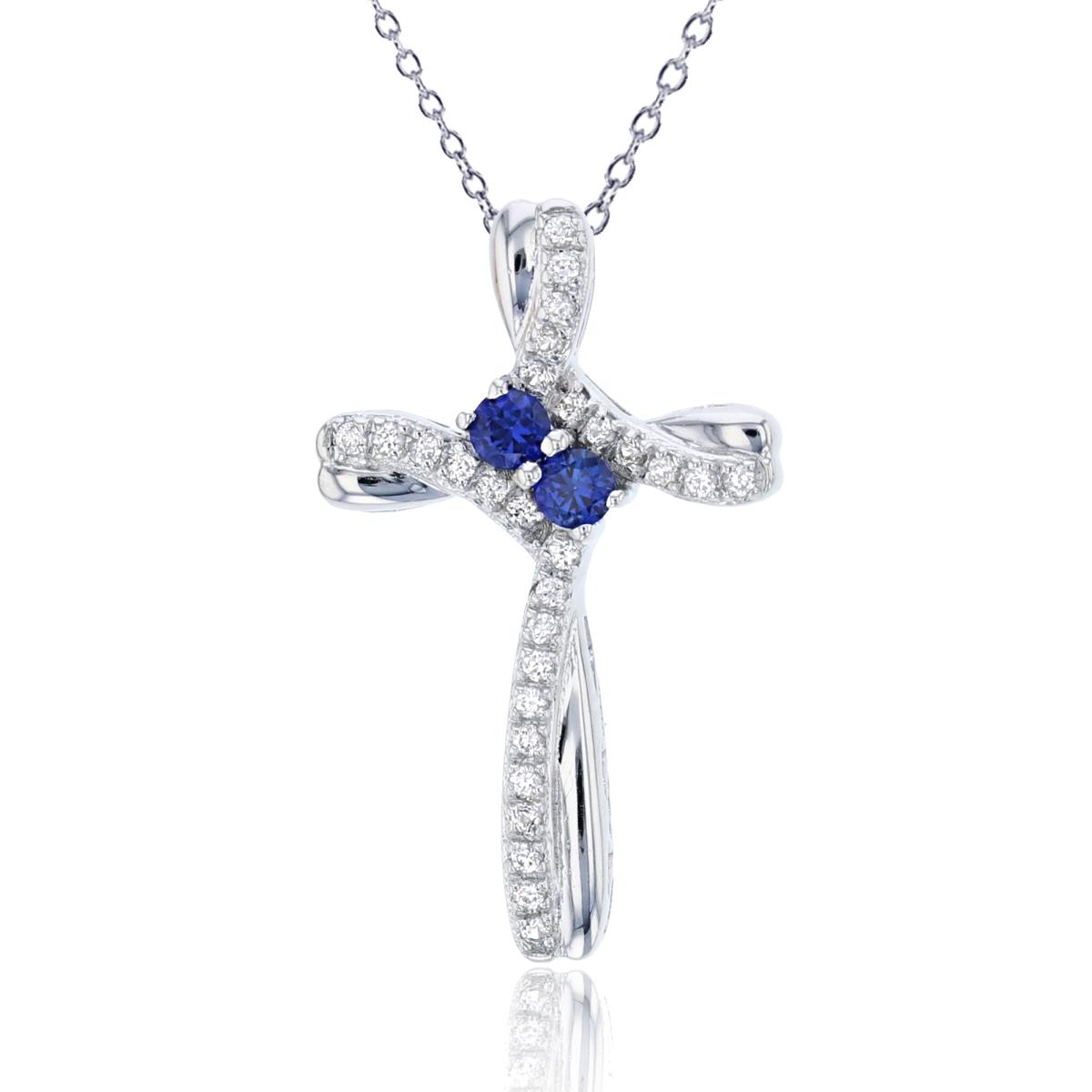 Sterling Silver Rhodium Rnd Created Blue & White Sapphire Cross 18" Necklace