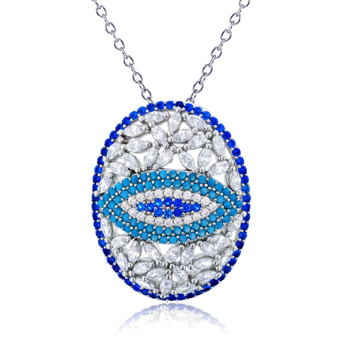 Sterling Silver Rhodium Multi-Color Rd & Marquise Cut CZ Evil Eye 18" Necklace