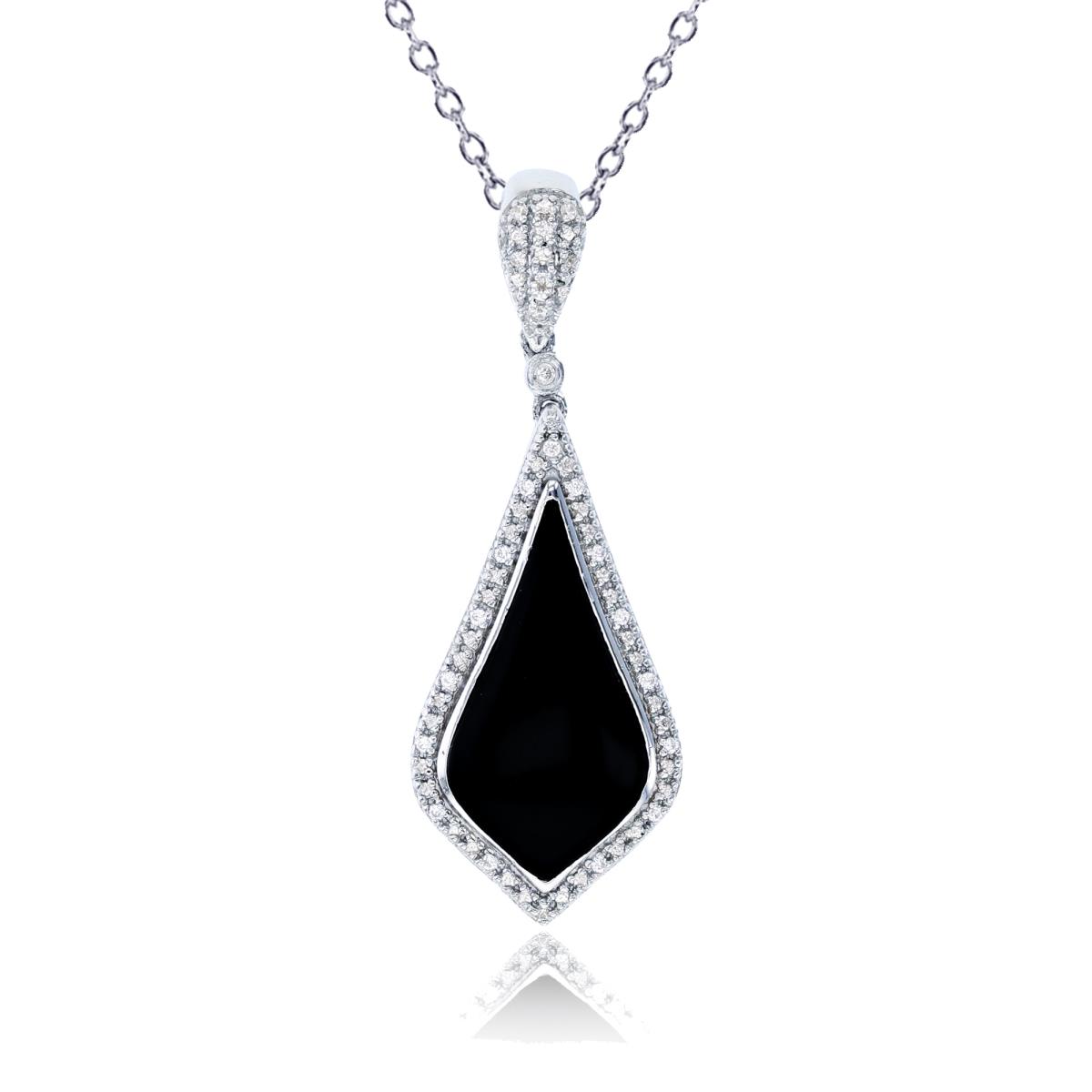 Sterling Silver Rhodium 0.05cttw Rnd Diamonds & 18x9mm Onyx Inlay Kite 18"Necklace