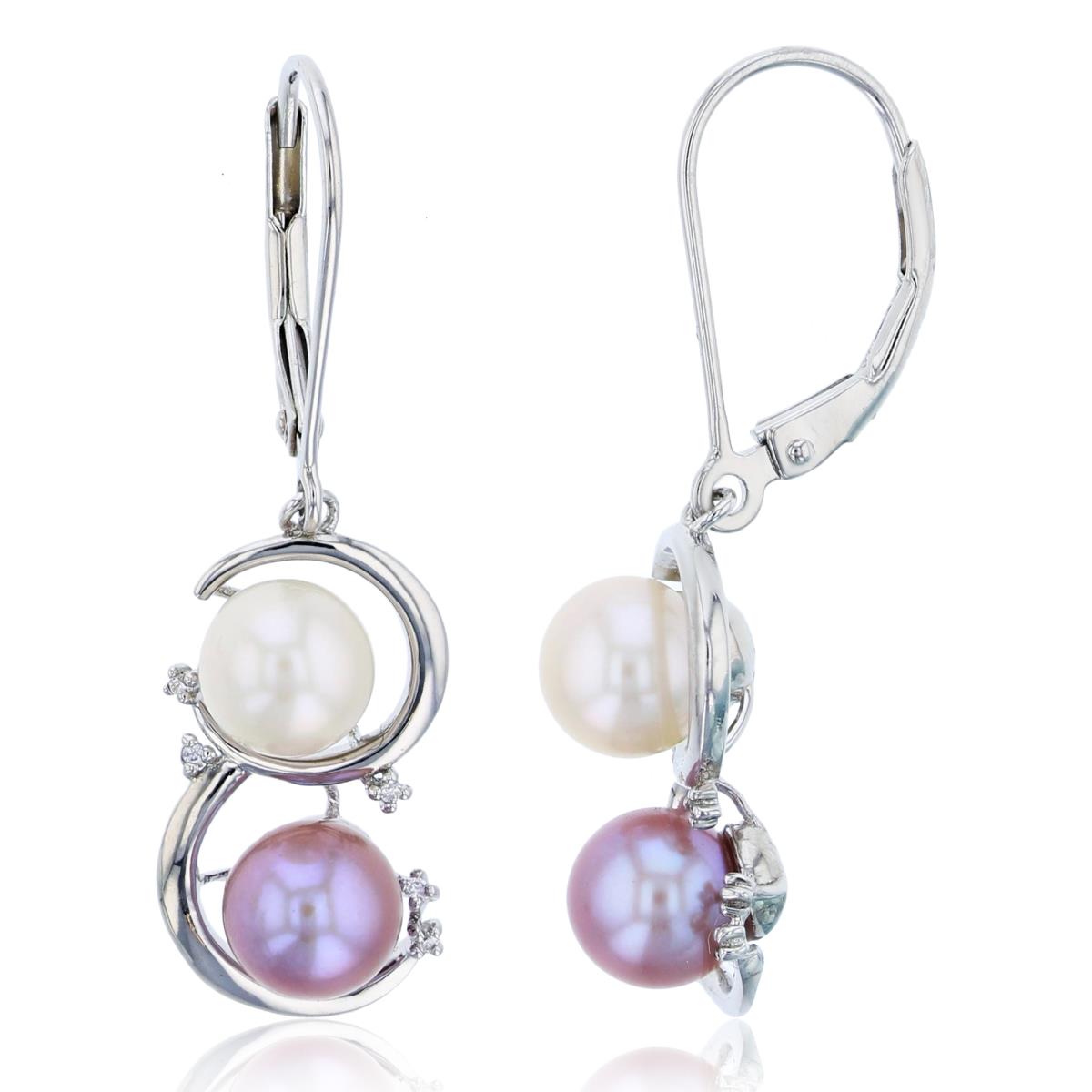 Sterling Silver Rhodium 0.03 CTTW Diamond & 6mm Rd White/Pink Pearl Leverback Earring