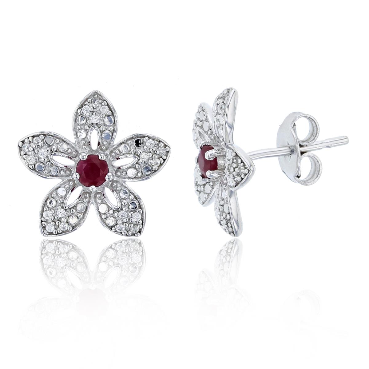 Sterling Silver Rhodium 0.08cttw Rnd Diamonds & 3mm Rnd Ruby Flower Earrings