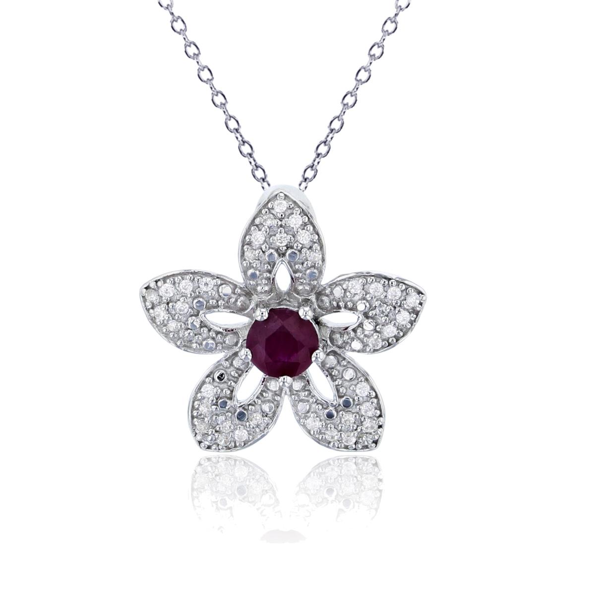 Sterling Silver Rhodium 0.05cttw Rnd Diamonds & 4mm Rnd Ruby Flower 18"Necklace