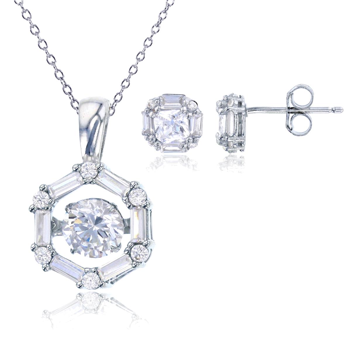 Sterling Silver Rhodium 6mm Rd Twinkle Set Hexagon 18" Necklace & Stud Earring Set