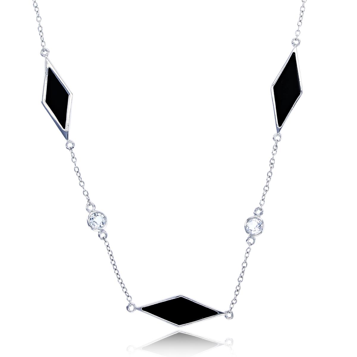 Sterling Silver Rhodium Kite Inlay Onyx & Rnd Wh Topaz Bezel Station 18"+2"ext Necklace