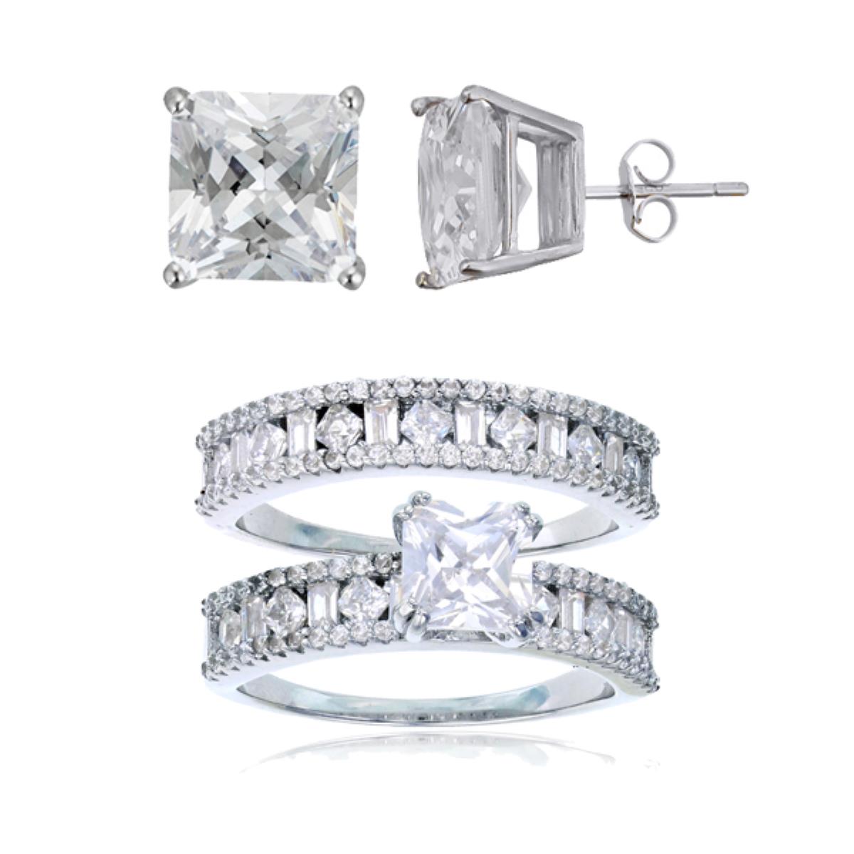 Sterling Silver Rhodium 6mm Sq Cut Multi Cut Side Stones Duo Rings & 8mm Sq Solitaire Stud Earring Set
