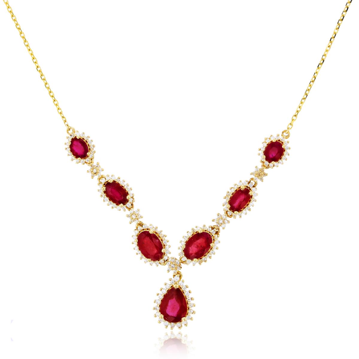 14K Yellow Gold Rnd CZ & PS/Ov Ruby Dangling 18"+2"ext Y-Necklace