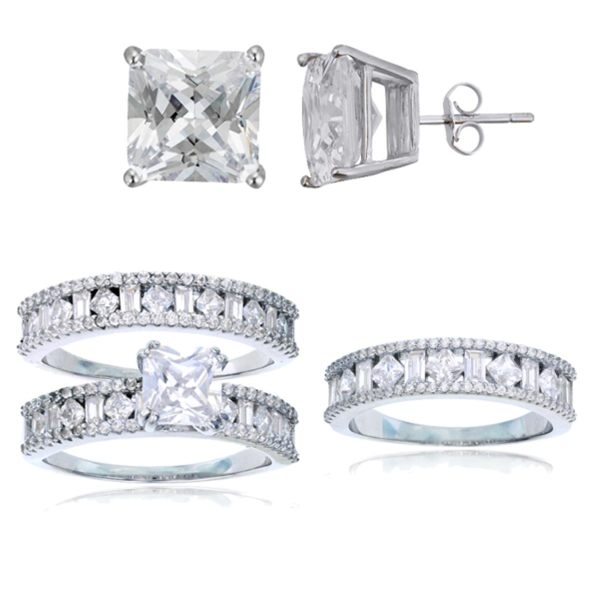 Sterling Silver Rhodium 6mm Sq Cut Multi Cut Side Stones Duo Rings, Band & 8mm Sq Solitaire Stud Earring Set