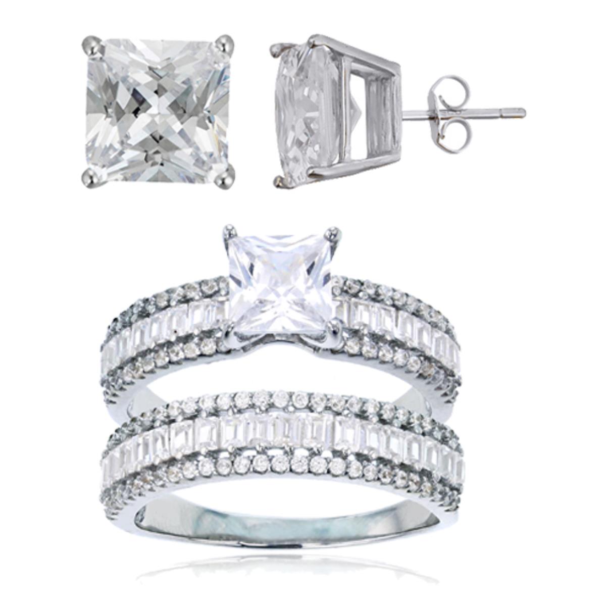 Sterling Silver Rhodium 6mm Sq Cut CZ Bgt Sides Duo Rings & 8mm Sq Solitaire Stud Earring Set