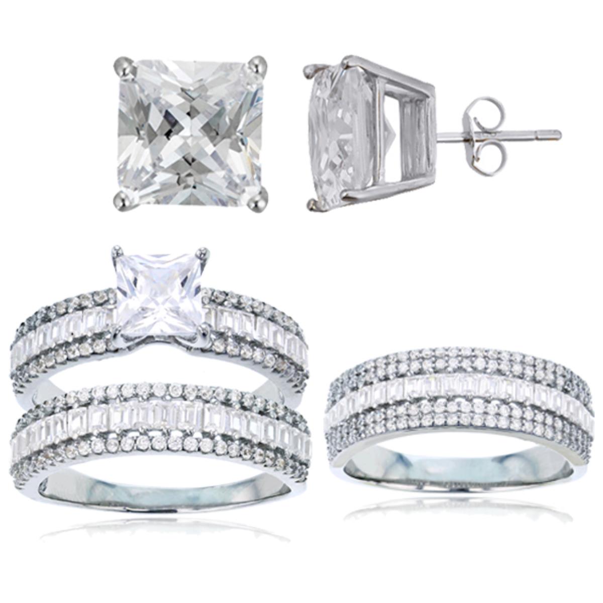 Sterling Silver Rhodium 6mm Sq Cut CZ Bgt Sides Duo Rings, Band & 8mm Sq Solitaire Stud Earring Set