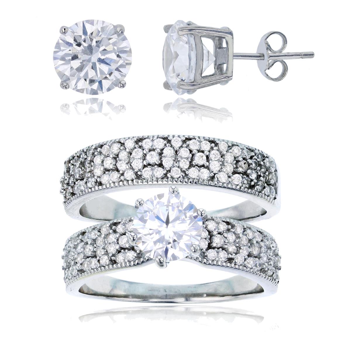 Sterling Silver Rhodium 6.50mm Rd CZ Cluster Sides Duo Rings & 8mm Rd Solitaire Stud Earring Set