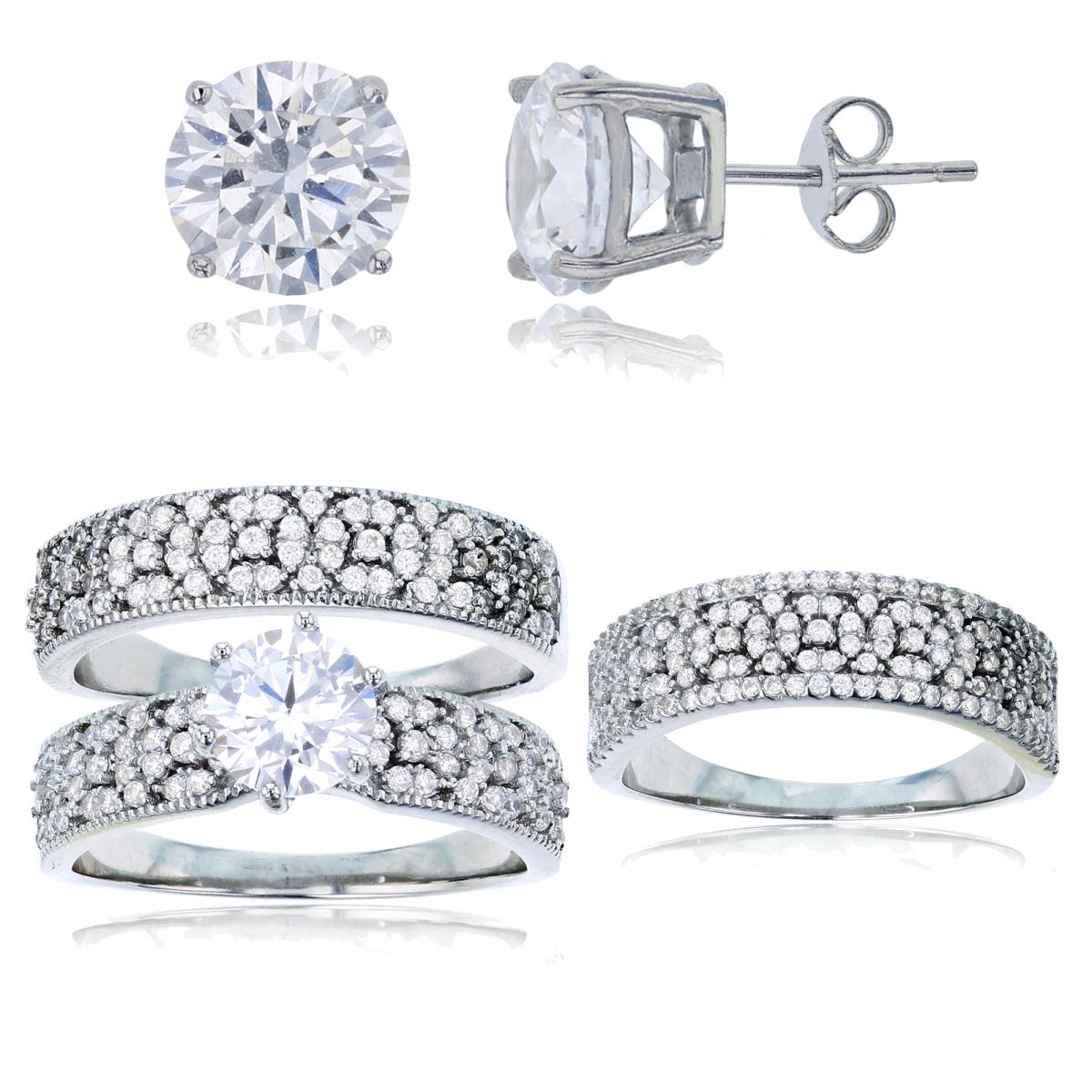Sterling Silver Rhodium 6.50mm Rd CZ Cluster Sides Duo Rings, Band & 8mm Rd Solitaire Stud Earring Set