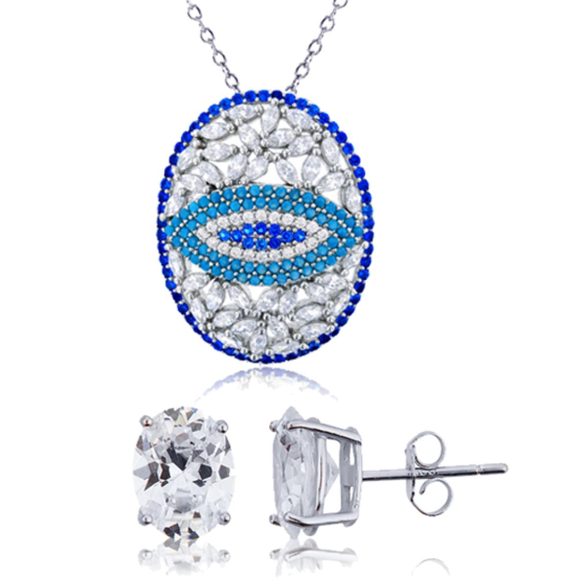 Sterling Silver Rhodium Multi-Color Rd & Marquise CZ Evil Eye 18" Necklace & 9x7mm Oval Solitaire Stud Earring Set