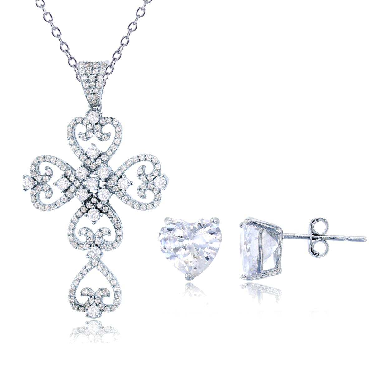 Sterling Silver Rhodium CZ Rnd Filigree Cross 18" Necklace & 8mm Heart Cut Solitaire Stud Earring Set