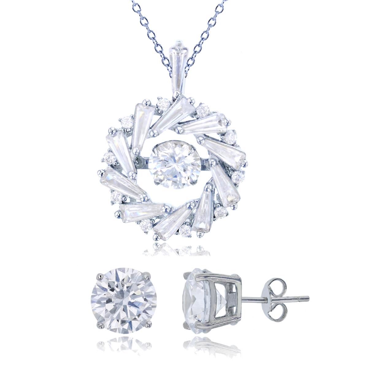Sterling Silver Rhodium Rnd & Bgt CZ with 6mm Twinkle Setting 18" Necklace & 8mm Rd Solitaire Stud Earring Set