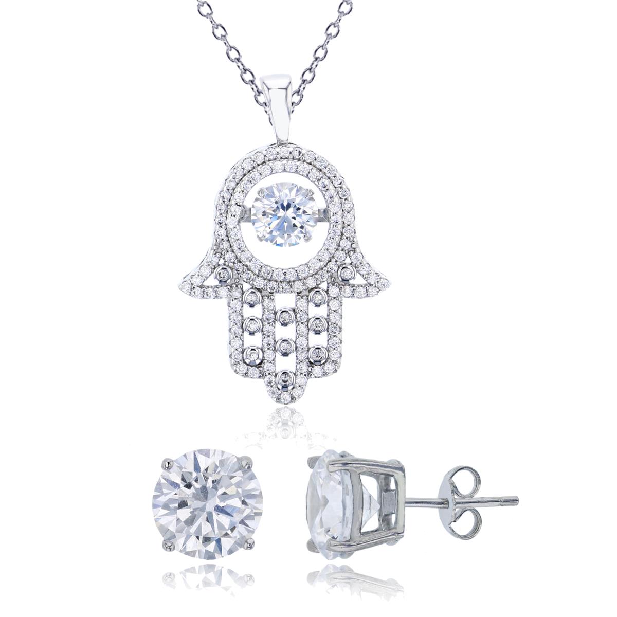 Sterling Silver Rhodium CZ Rnd Twinkle Set Hamsa 18" Necklace & 8mm Rd Solitaire Stud Earring Set