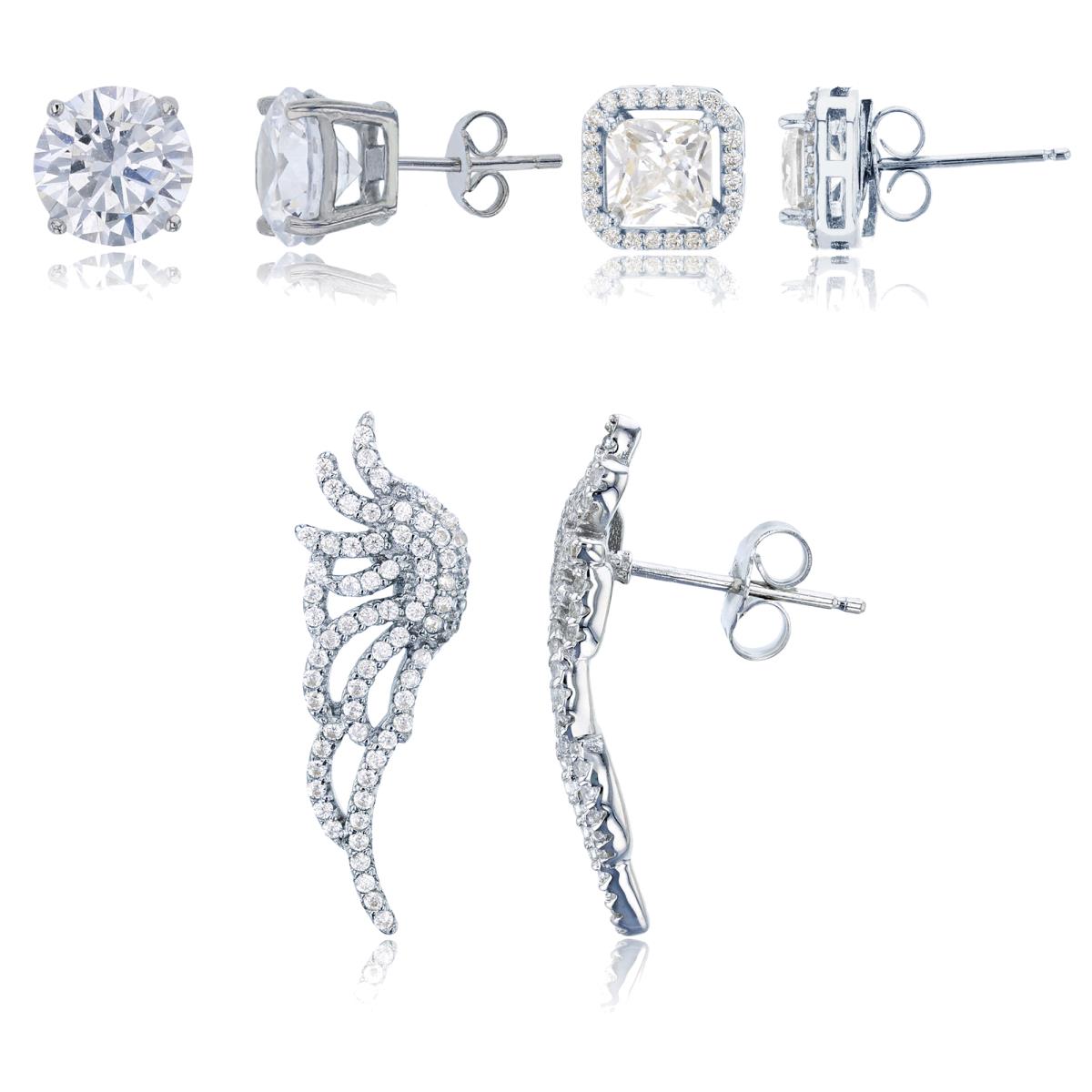 Sterling Silver Rhodium Micropave CZ Wing Ear Climber, 6mm Sq Cut White CZ Halo & 8mm Rd Solitarie Stud Earring Set