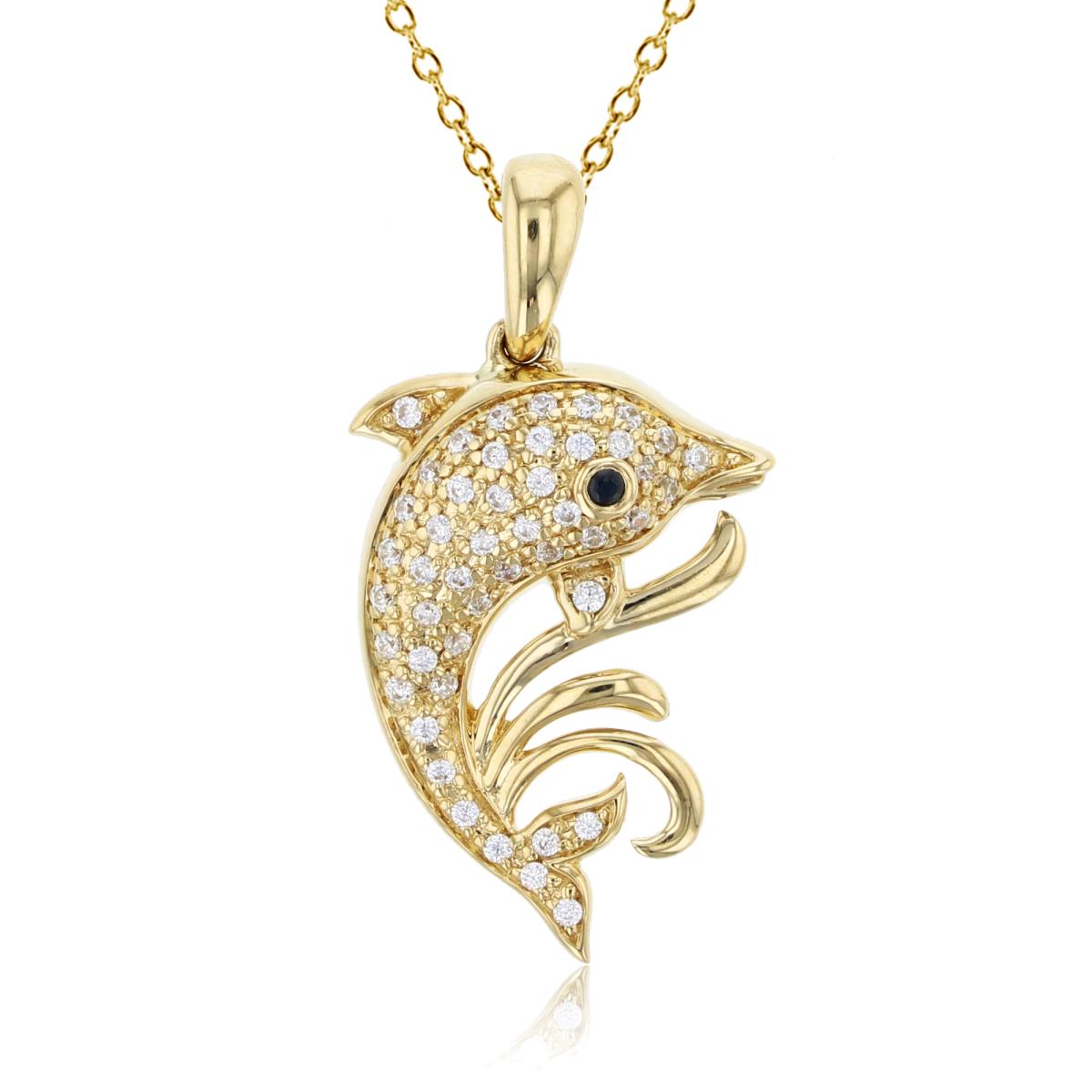 10K Yellow Gold 0.10 CTTW Black & White Diamonds Fish 18"Necklace