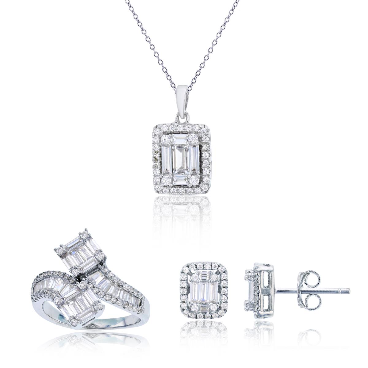 Sterling Silver Rhodium Rnd/SB White CZ Rectangular Halo 18" Necklace, Stud Earrings & Bypass Ring Set
