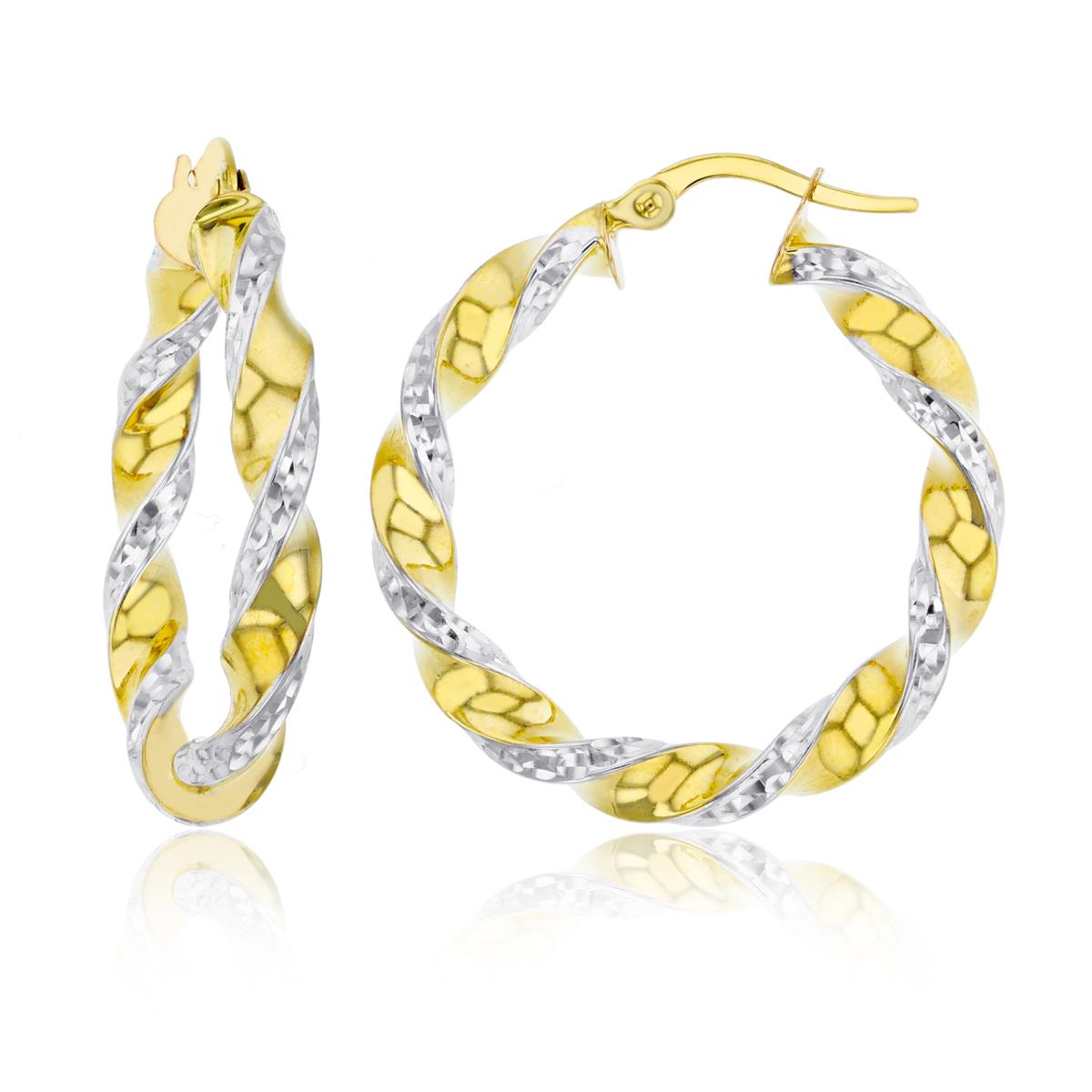 14K Two-Tone Gold Diamond Cut 3.5x30mm Twisted Round Hoop Earring