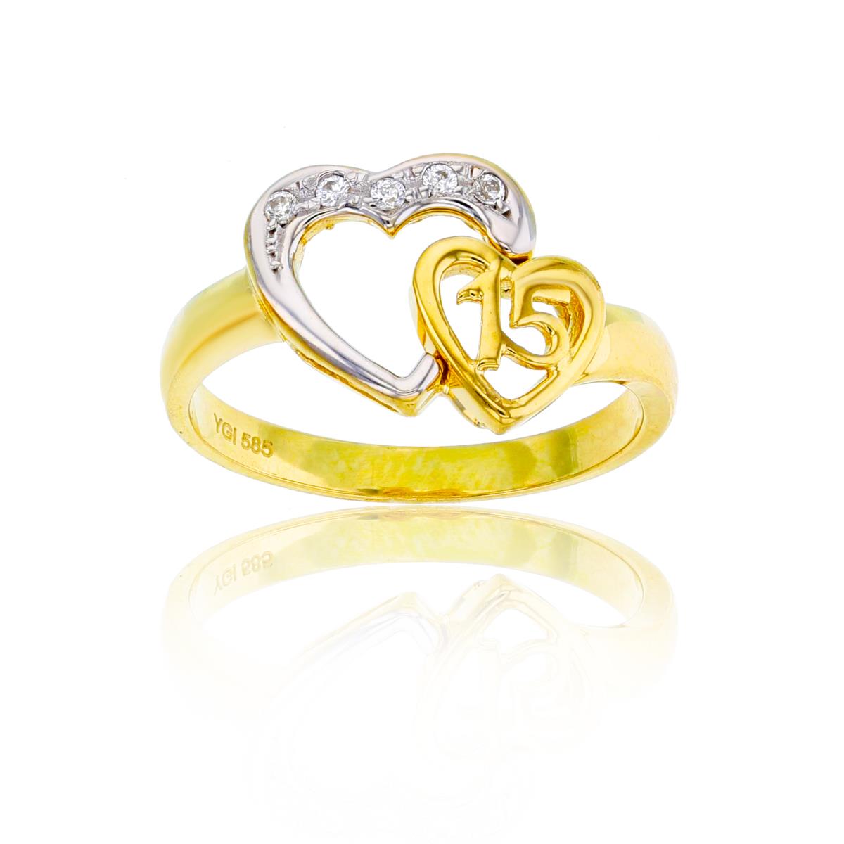 14K Yellow & White Gold CZ "15" Anos Hearts Ring