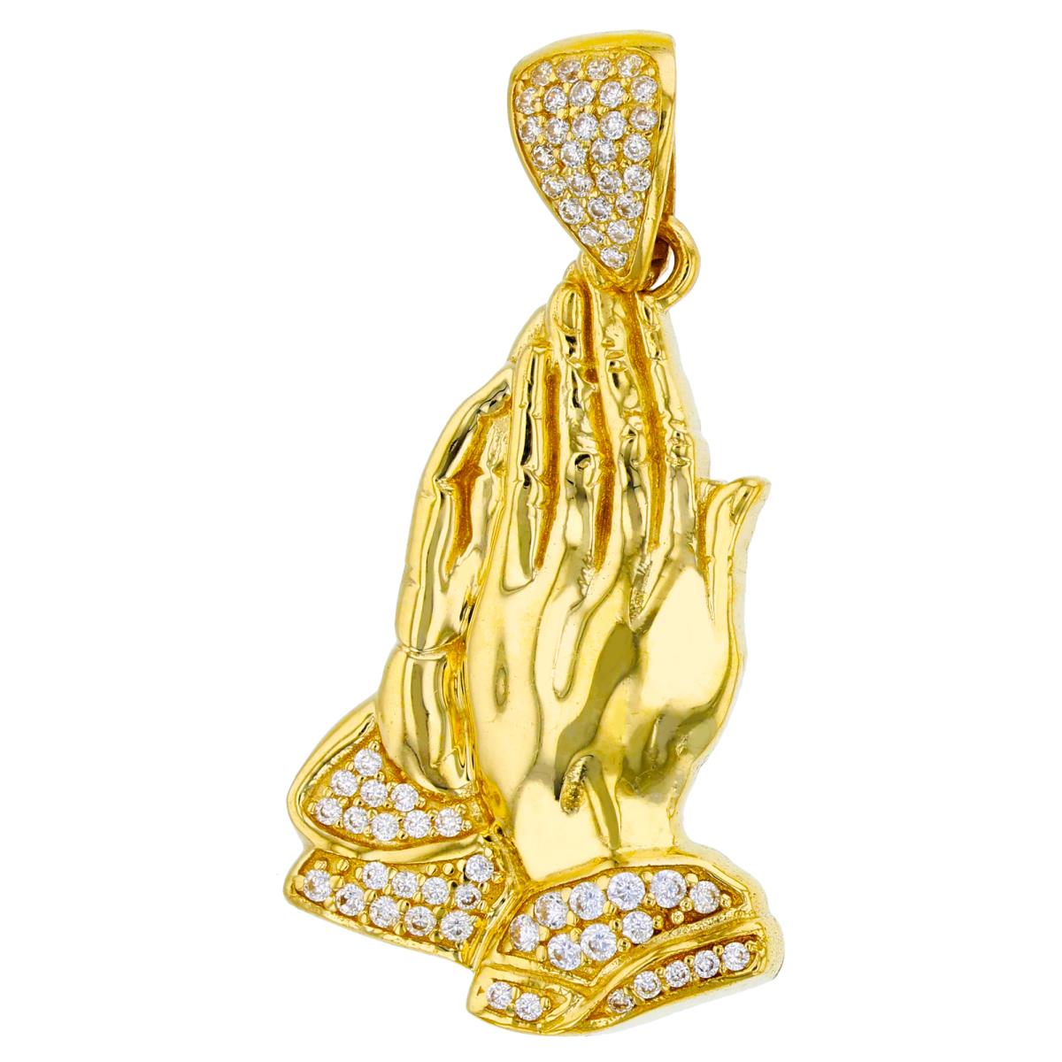 14K Yellow Gold 26x13mm Polished & Micropave Praying Hands Pendant