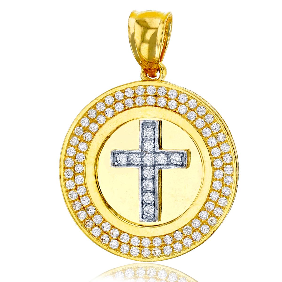 14K Two-Tone Gold 30x21mm Micropave Cross Circle Pendant