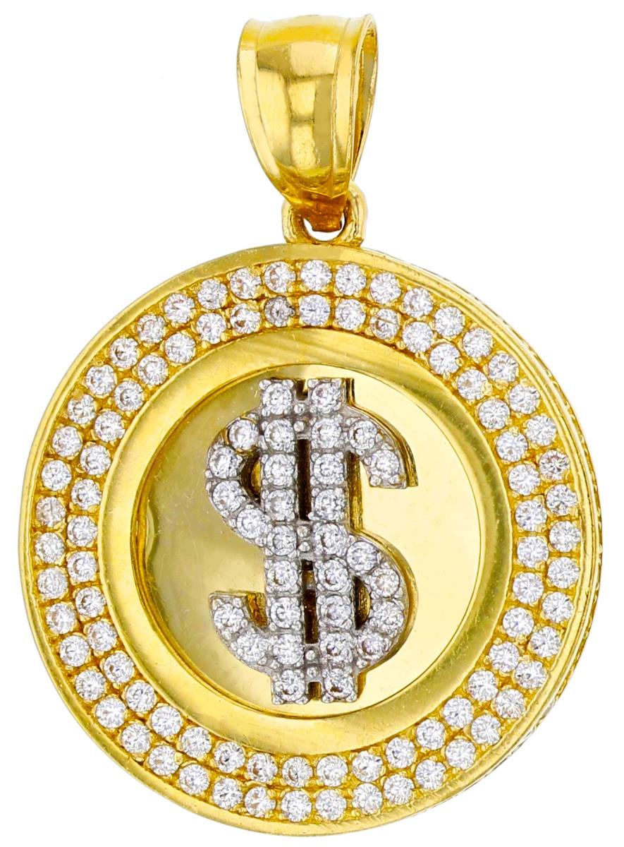 14K Yellow Gold 30x21mm Micropave Dollar Sign Circle Pendant