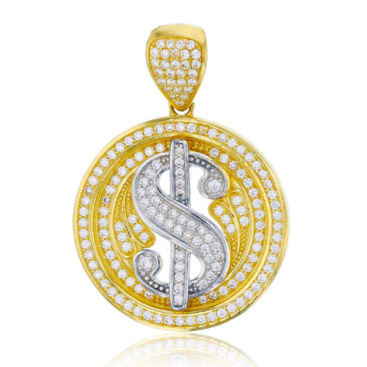 14K Two-Tone Gold 37x25mm Micropave Dollar Sign Circle Pendant