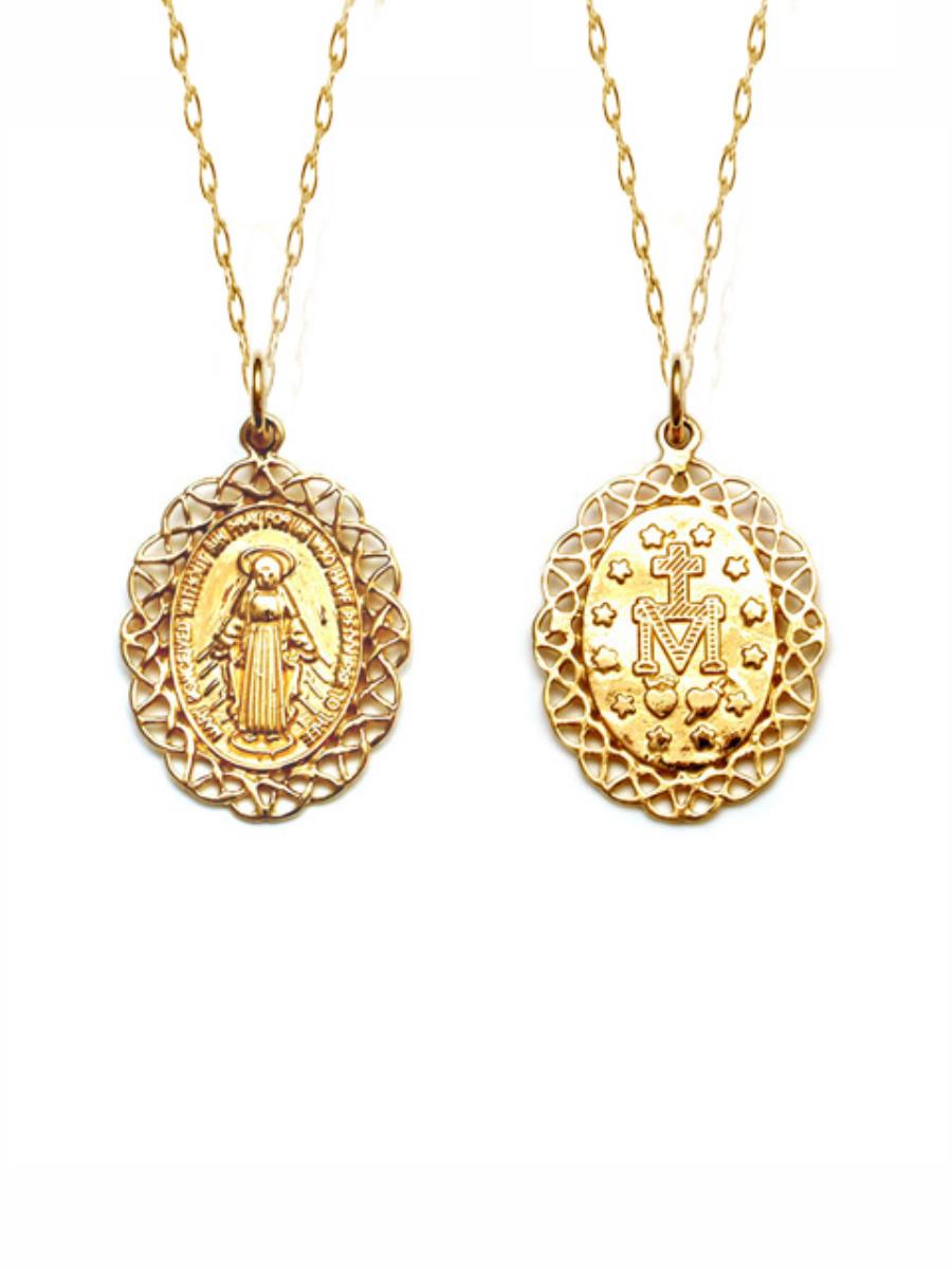 14K Yellow Gold Virgin Mary Braided Oval 18"Necklace