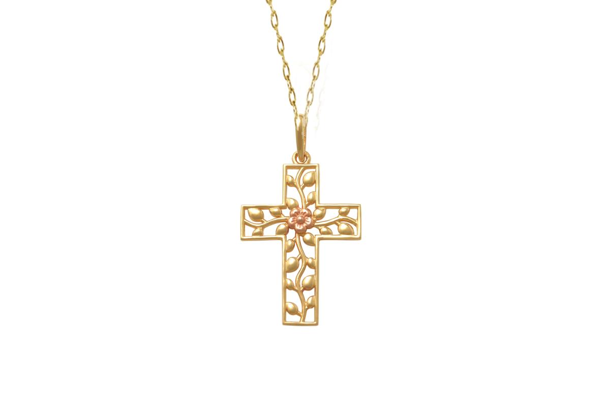 14K Two-Tone Gold Cross Textured with Leaves/Rose 18"Necklace