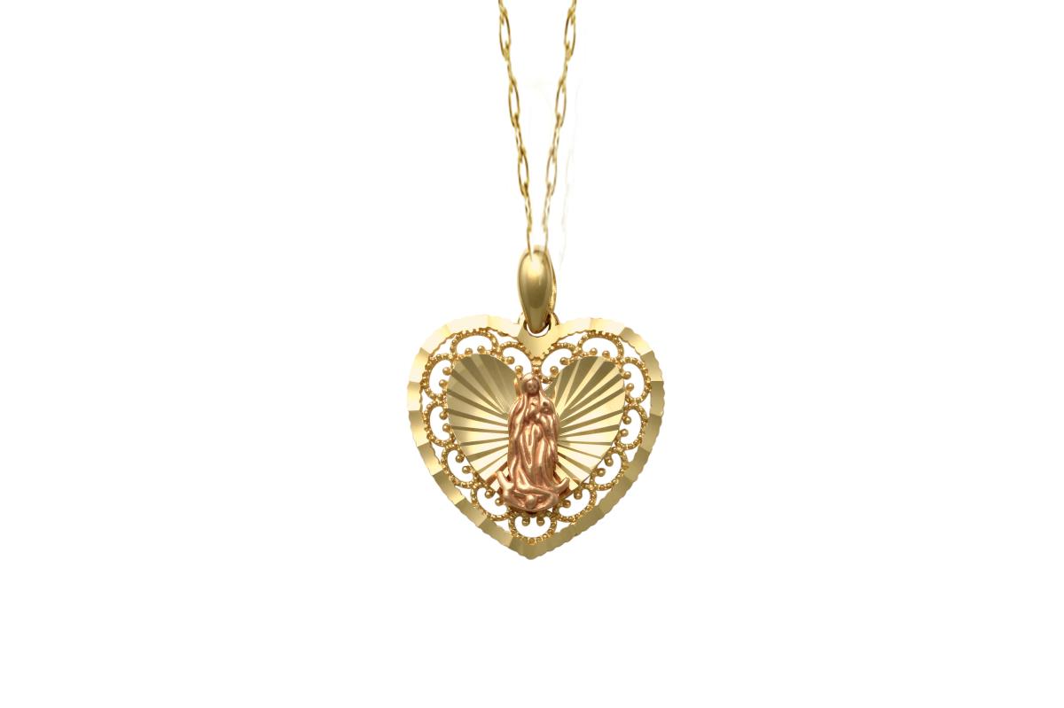 14K Two-Tone Gold DC Textured/Milgrain Heart with Virgin Mary18"Necklace