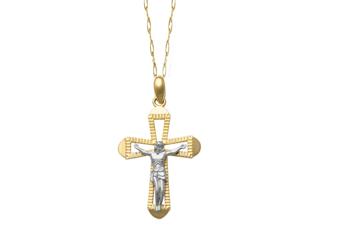 14K Two-Tone Gold Textured Jesus/Cross18"Necklace