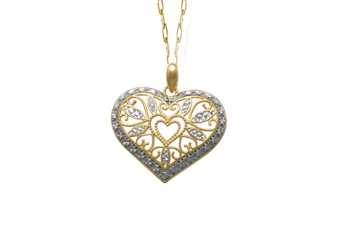 14K Yellow Gold Ornament Milgrain Heart 18"Necklace