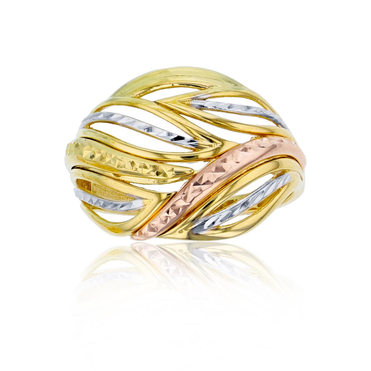 14K Tri-Color Gold Polished & DC Leaf Motif Domed Fashion Ring