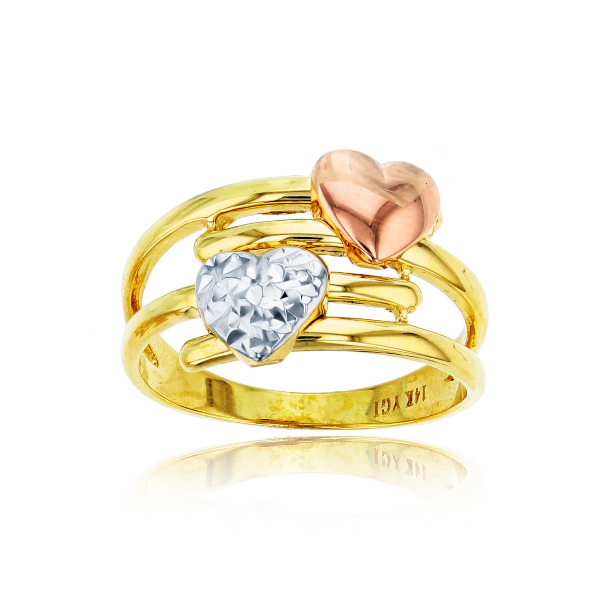 14K Tri-Color Gold Polished & DC Heart Multi-Strand Fashion Ring