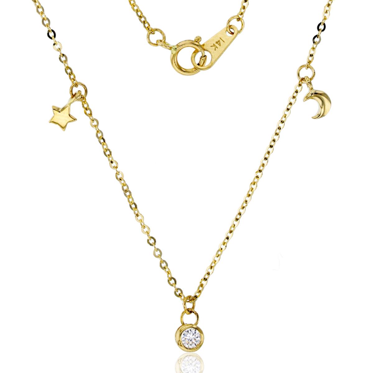 14K Yellow Gold Dangling Moon,Star & Bezel CZ 16"/17"/18" Necklace