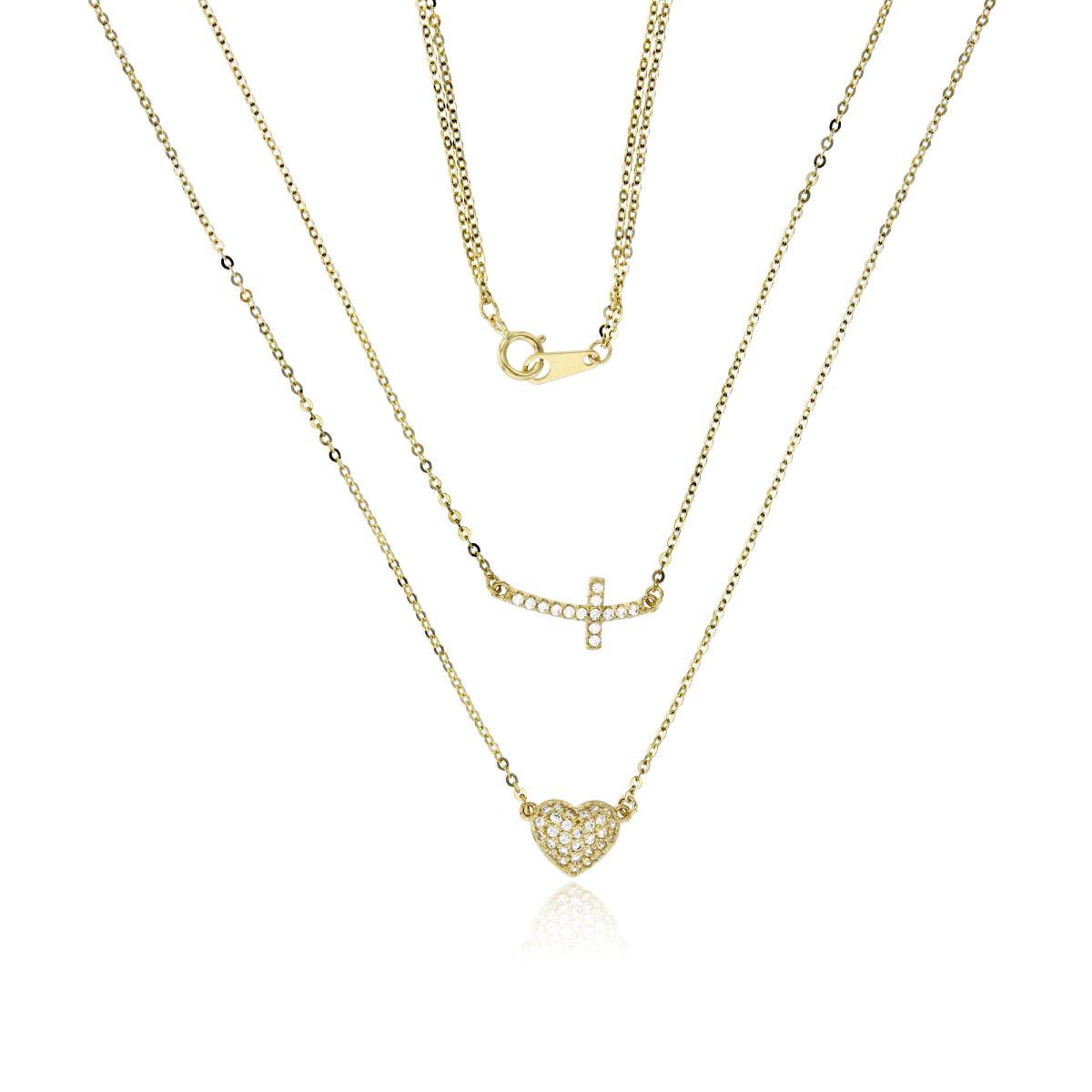14K Yellow Gold Micropave Curved Cross & Heart 16