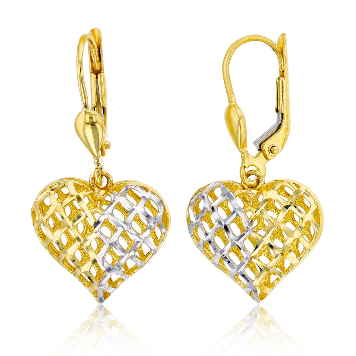 14K Two-Tone Gold Diamond Cut Hollow Heart Leverback Dangling Earring
