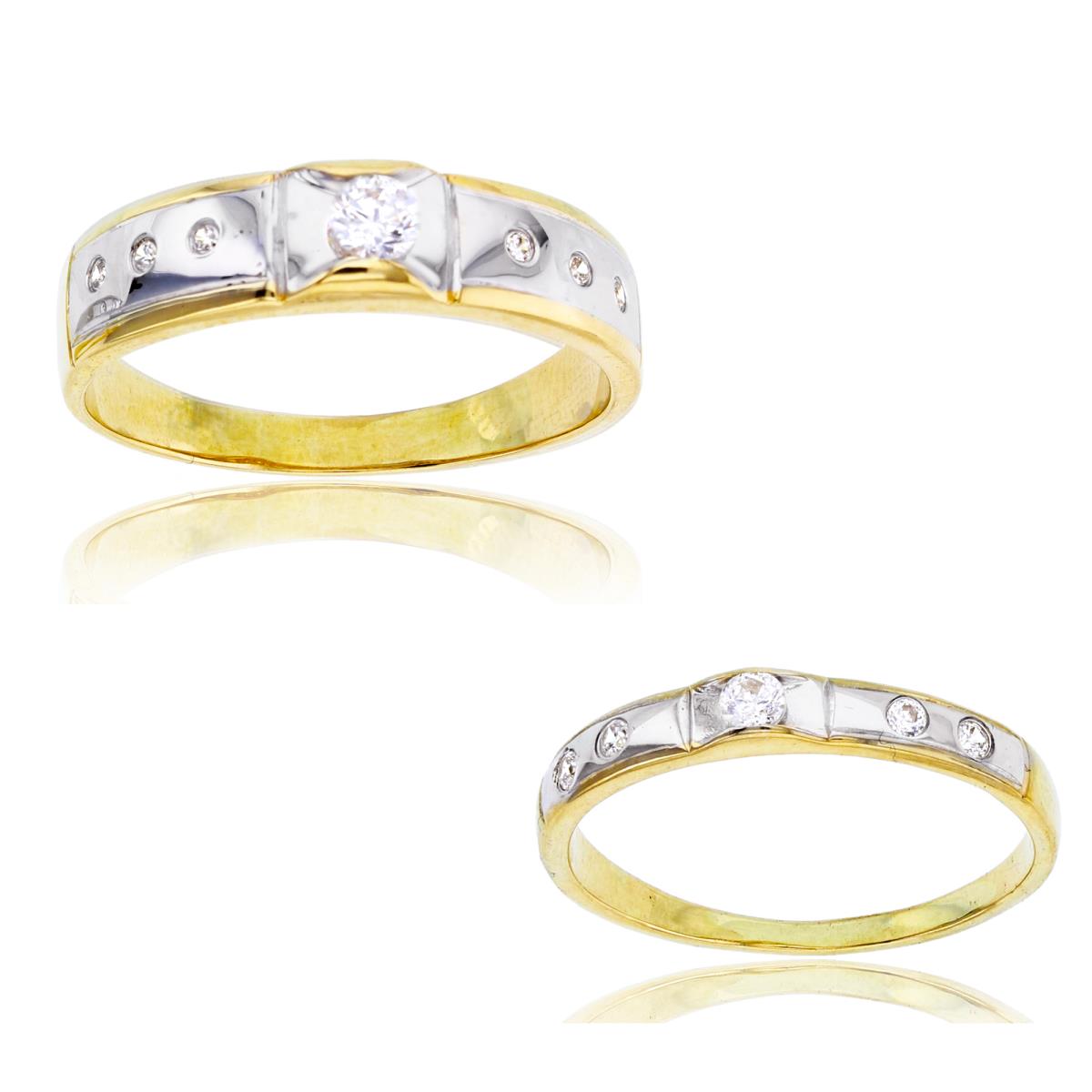 14K Tri-color Gold Round Cut CZ Wedding Duo Band and Men's Band Set