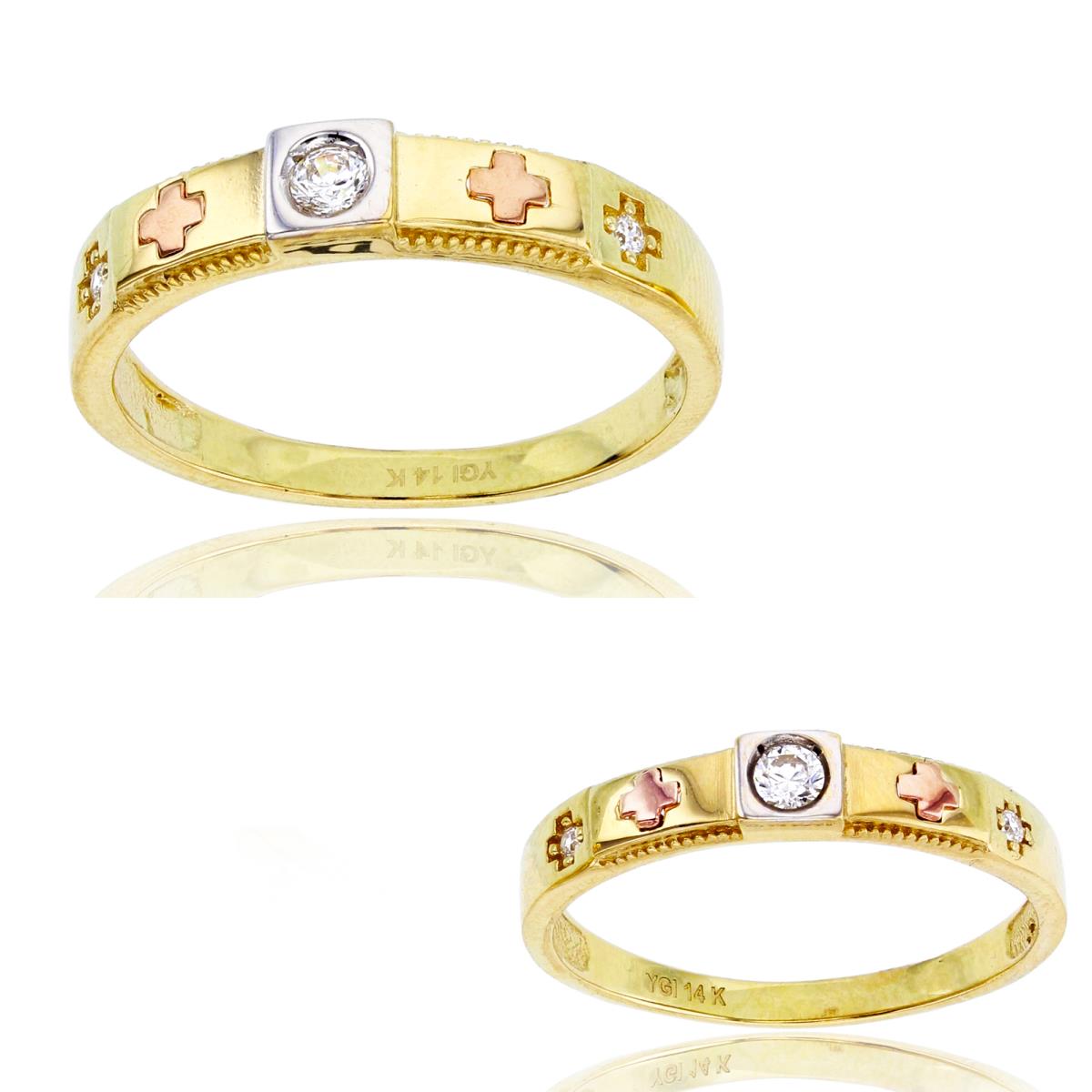 14K Tri-color Gold Round Cut CZ Wedding Duo Band and Men's Band Set