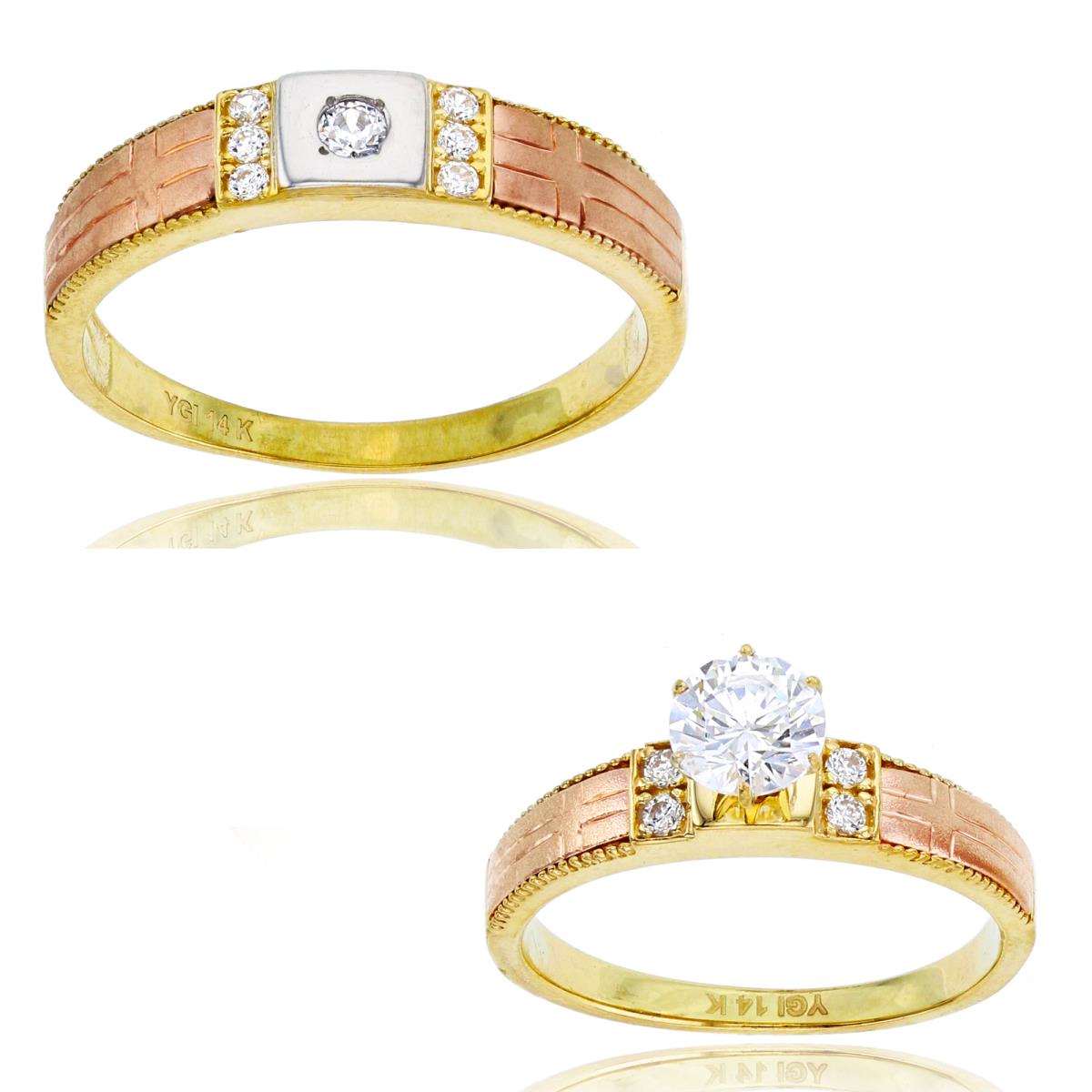 14K Two-Tone Gold Round Cut CZ Wedding Duo Band and Men's Band Set