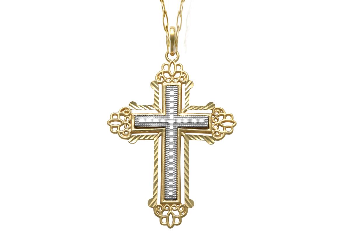 14K Two-Tone Gold Diamond Cut/Ornament Cross 18"Necklace