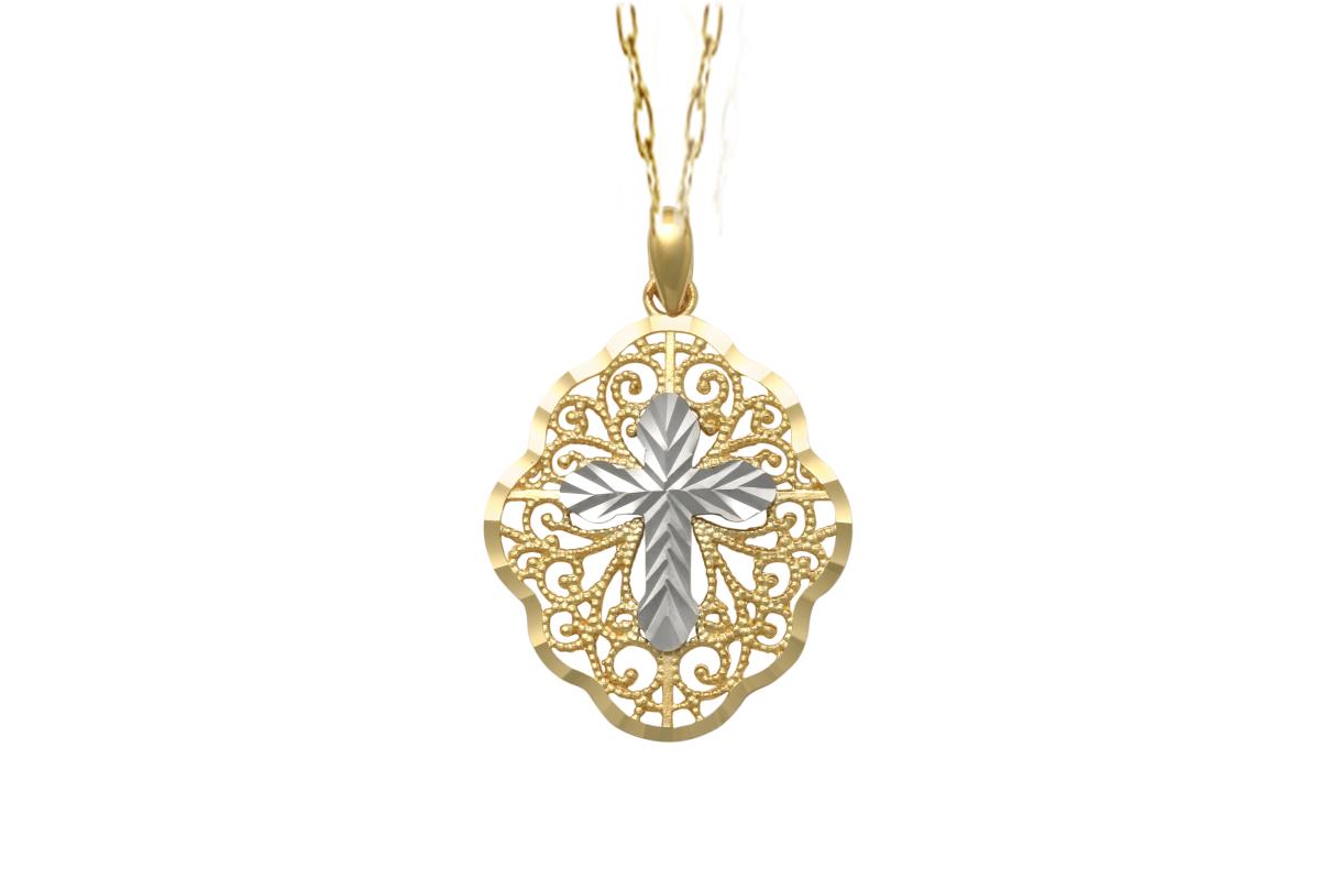 14K Two-Tone Gold Diamond Cut Cross on Milgrain Frame 18"Necklace