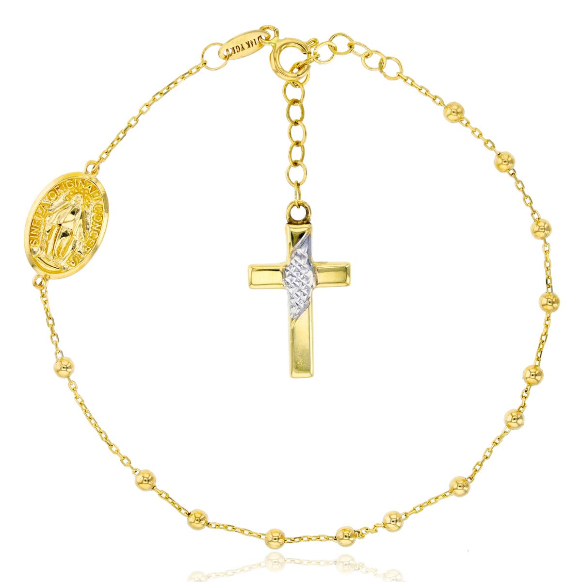 14K Two-Tone Gold Virgin Mary & Dangling Cross 7"+1" Beaded Bracelet