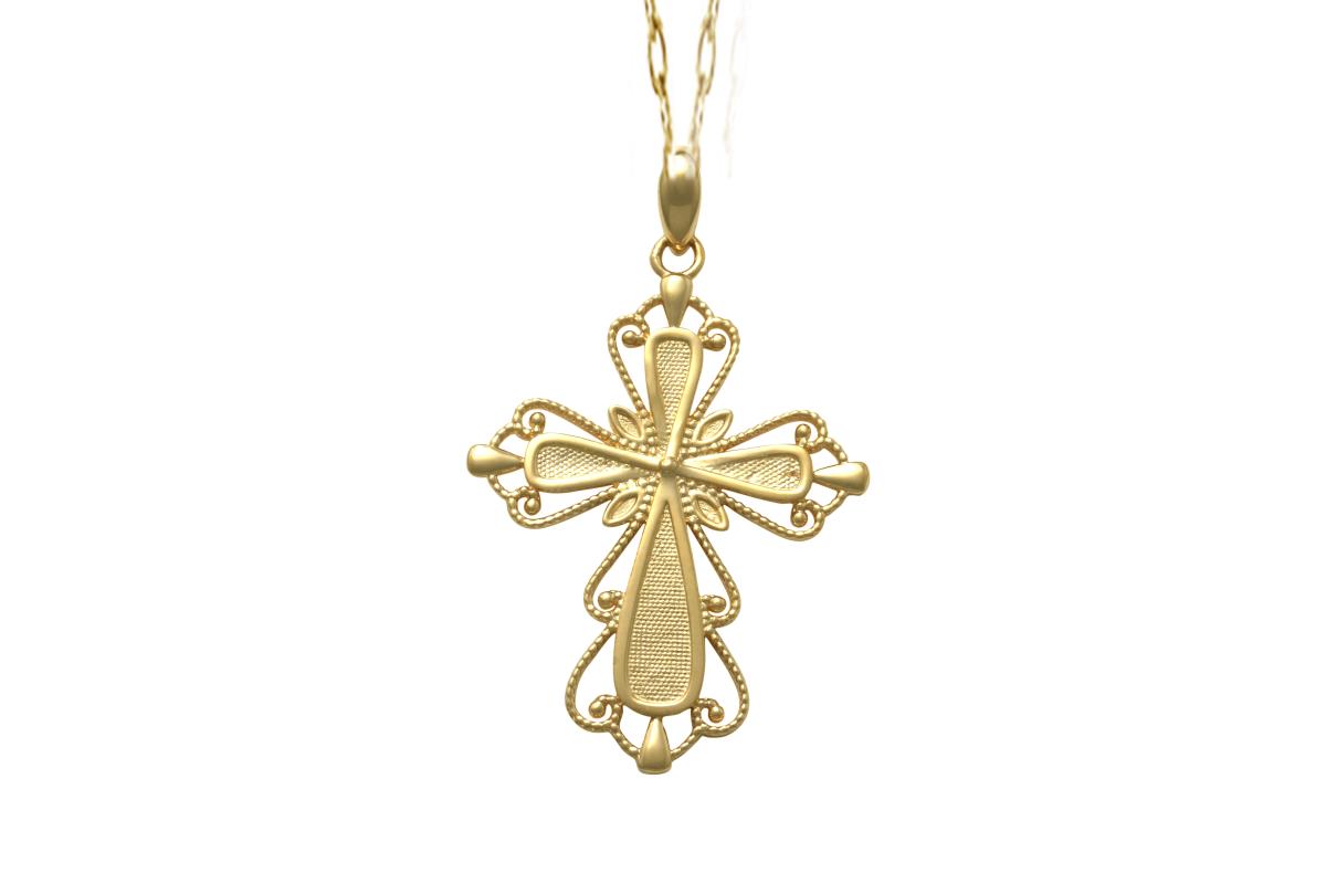 14K Yellow Gold Milgrain Ornament Textured Cross 18"Necklace