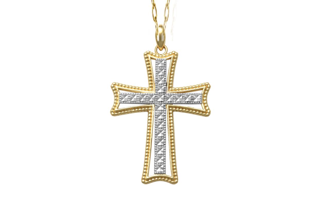 14K Two-Tone Gold Diamond Cut Cross 18"Necklace