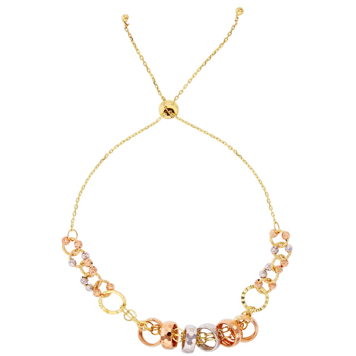 14K Tri-Color Gold Diamond Cut Beads & Rings Adjustable Bracelet
