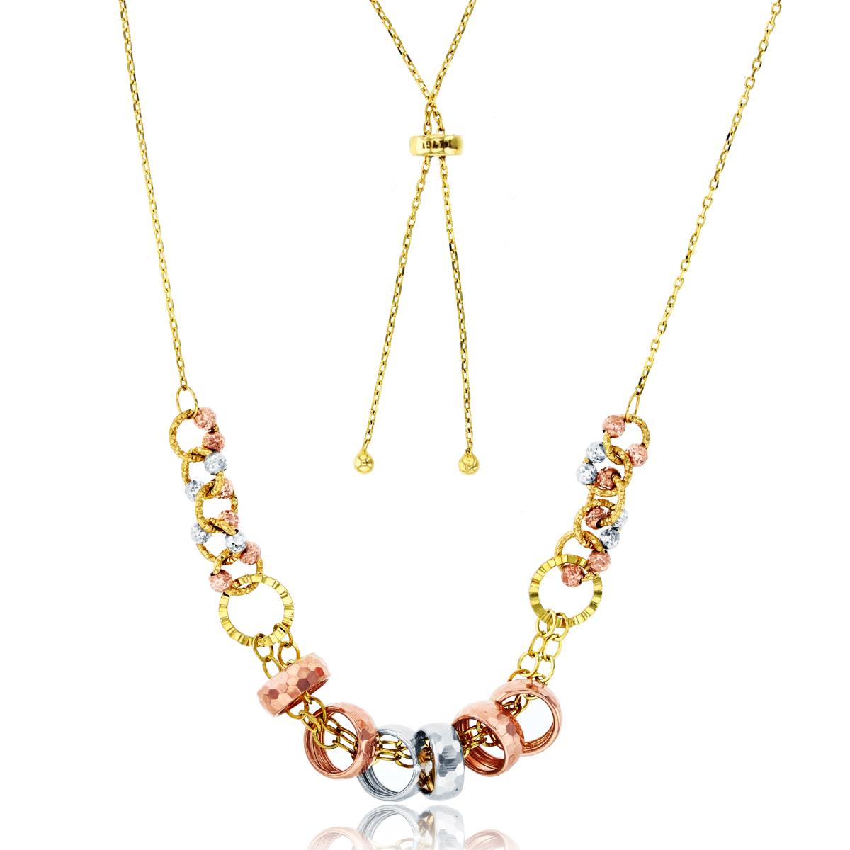 14K Tri-Color Gold Diamond Cut Beads & Rings Adjustable Necklace