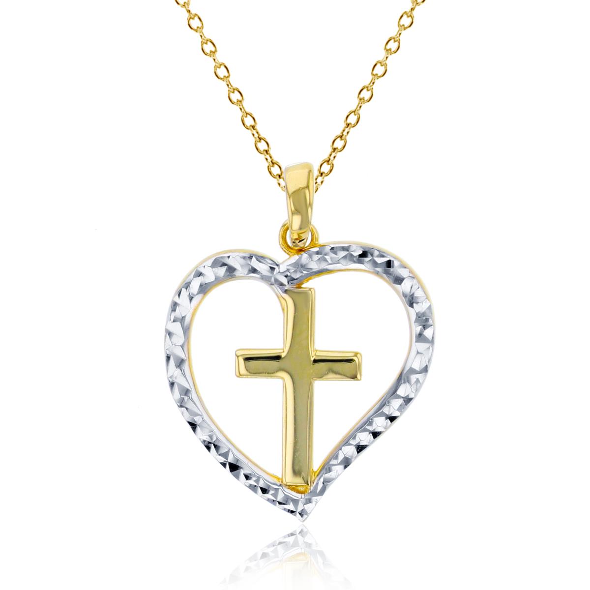 14K Two-Tone Gold Polished Cross within DC Heart 18" Necklace 